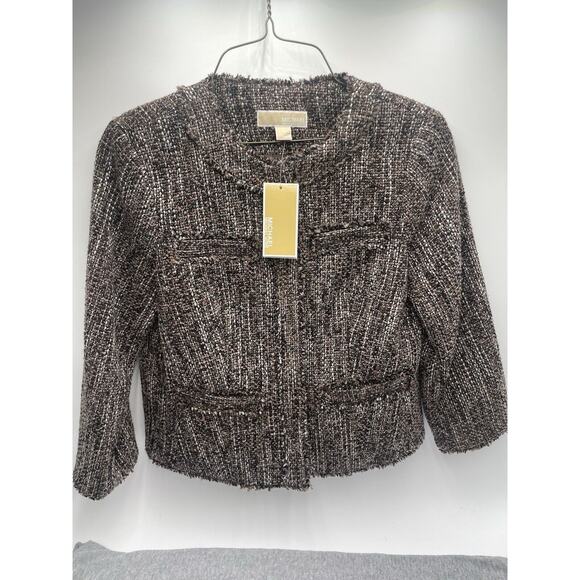 Michael Kors Womans Tweed Blazer Jacket Size 4 Brown Black NEW Snap Button - Picture 1 of 8